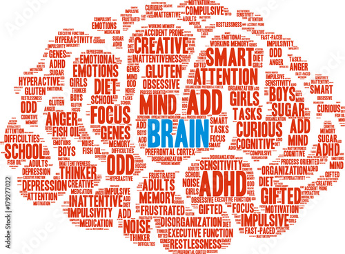 Brain ADHD Word Cloud on a white background. 