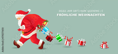 Weihnachtsmann kommt
Weihnachtsmann verliert die Geschenke
Banner Weihnachtskarte mit Weihnachtsgrüße
Dieses Jahr gibts keine Geschenke
Vektor Illustration isoliert auf unifarbigem Hintergrund