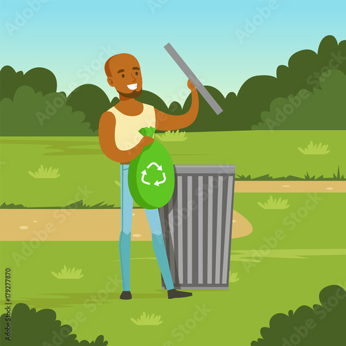 Ecological lifestyle concept with man character throwing garbage