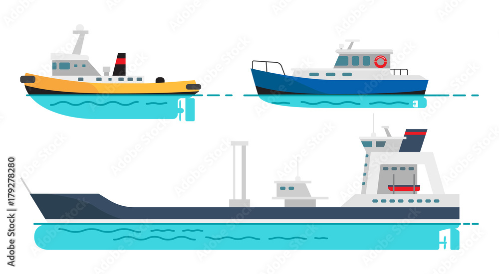 Fishing Boat, Small Steamer and Large Cargo Ship