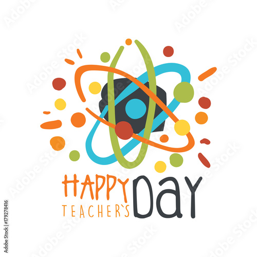 Happy Teachers Day greeting card with atom