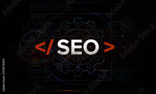 Inscription seo on a dark abstract background. Geometrical lines and shelterenki