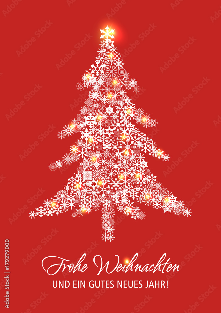 Tannenbaum aus Sternen auf rotem Fond mit Lichtern und Schriftzug Frohe Weihnachten Tannenbaum aus Sternen auf rotem Fond mit Lichtern und Schriftzug Frohe Weihnachten