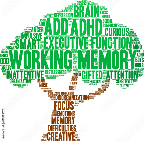 Working Memory ADHD word cloud on a white background. 