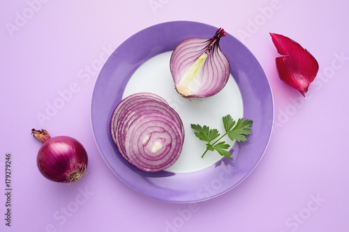 Slices of red onion and parsley on a plate. Food ingredients.