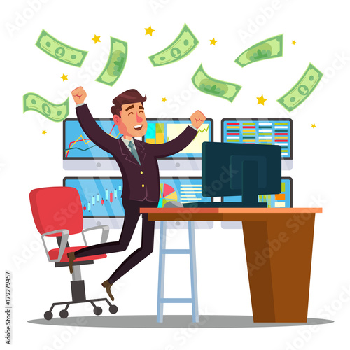 Professional Trader Vector. Online Working Trader With Monitor. Multiple Computer Screens. Flat Cartoon Illustration