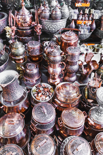 Traditional iranian market (Bazaar) metal souvenires. Isfahan, Iran.