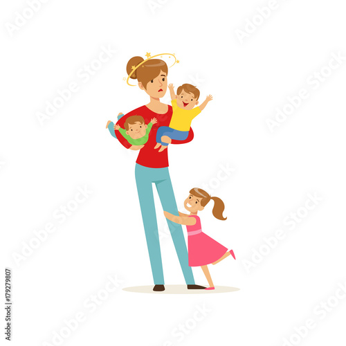 Young mother with stars spinning around her head and three little kids