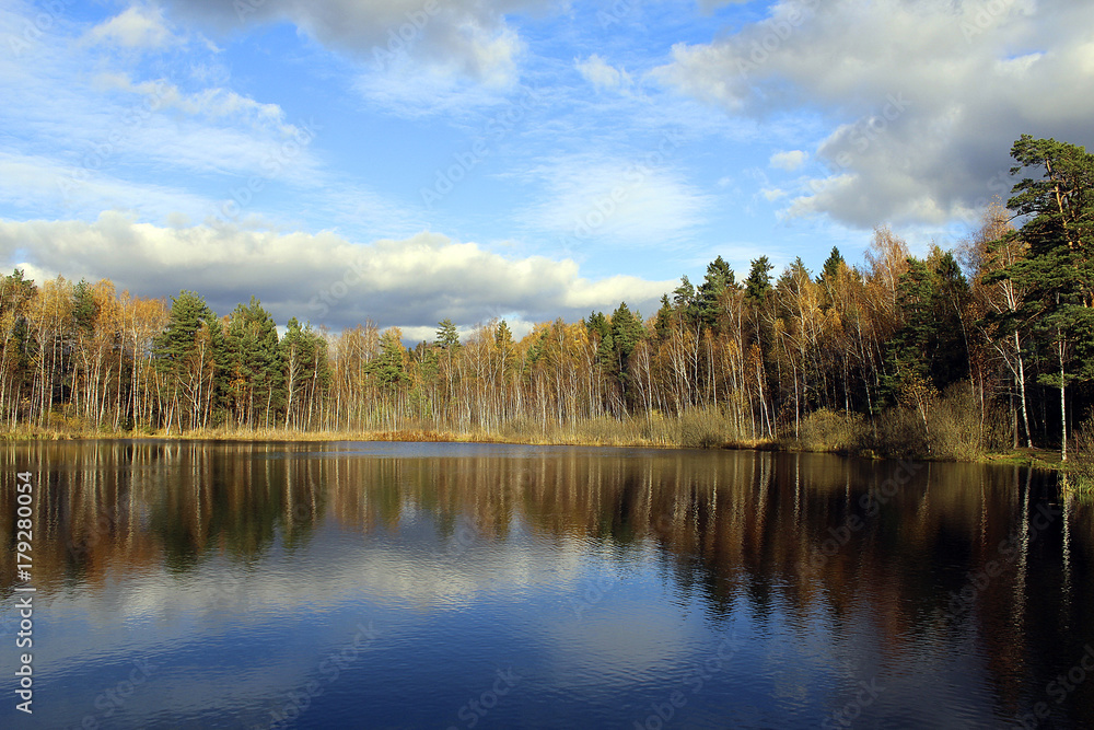 beautiful view of lake and autumn wood and sky with clouds