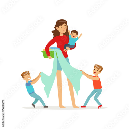 Cartoon illustration of mother and three disobedient sons