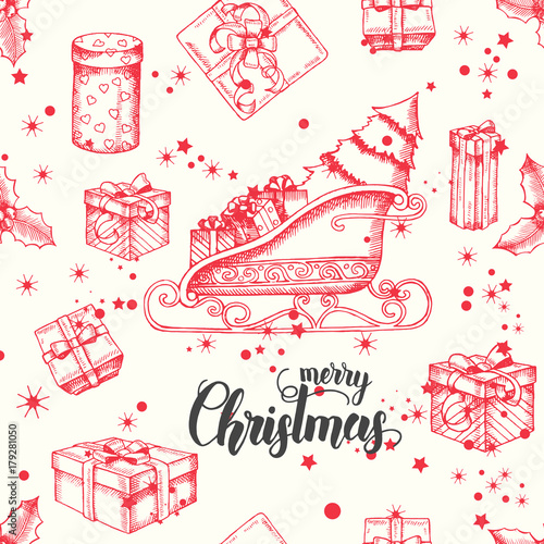 Seamless background with hand drawn gifts, santa's sleigh, holly and glitter. New year. Christmas pattern can be used for wallpaper, web page background, surface textures, textile, package, banner