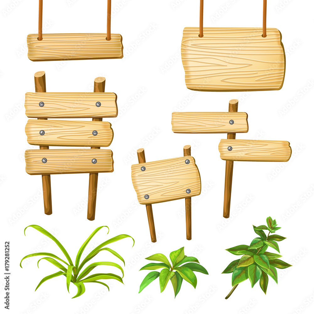 Wood board and leaves with space for text. Elements for mobile games. Wood board and leaves with space for text. Elements for mobile games.