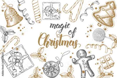 Christmas background with hand drawn doodle gifts, candies, gingerbread, glitter and serpentine. Greeting hand made quote "Magic of Christmas" Happy New Year. Sketch. Banner,poster, flyer, brochure.