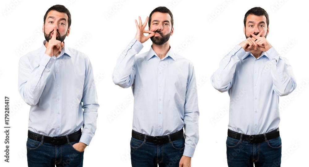 Set of Handsome man with beard making silence gesture Set of Handsome man with beard making silence gesture