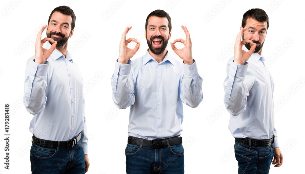 Set of Handsome man with beard making OK sign Set of Handsome man with beard making OK sign