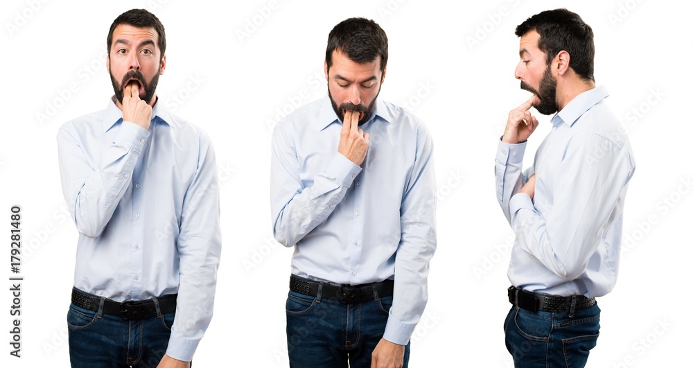 Set of Handsome man with beard making vomiting gesture Set of Handsome man with beard making vomiting gesture
