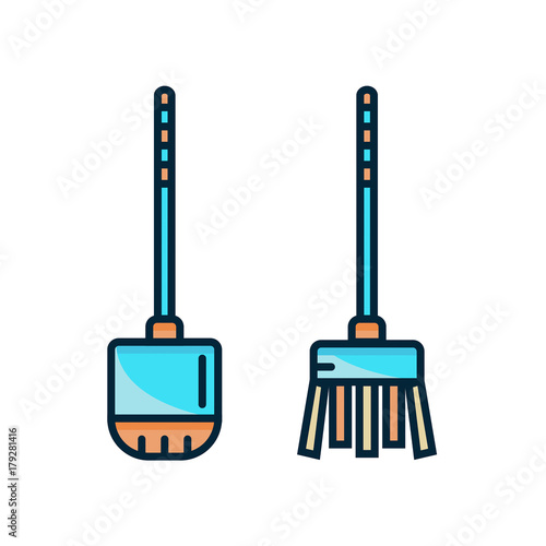 Toilet brush and plunger set - vector flat color line icon. Brush and holder for wc. Bathroom tools vector illustration on isolated white background.