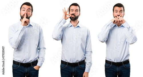 Set of Handsome man with beard making silence gesture