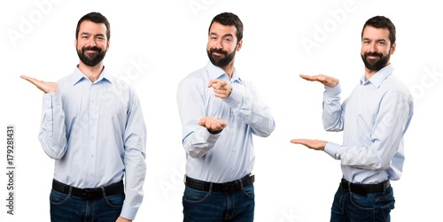 Set of Handsome man with beard holding something