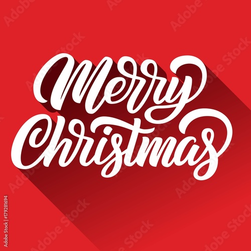 Merry Christmas ink brush hand lettering with long gradient shadow on red background. Vector illustration. Can be used for holidays festive design.