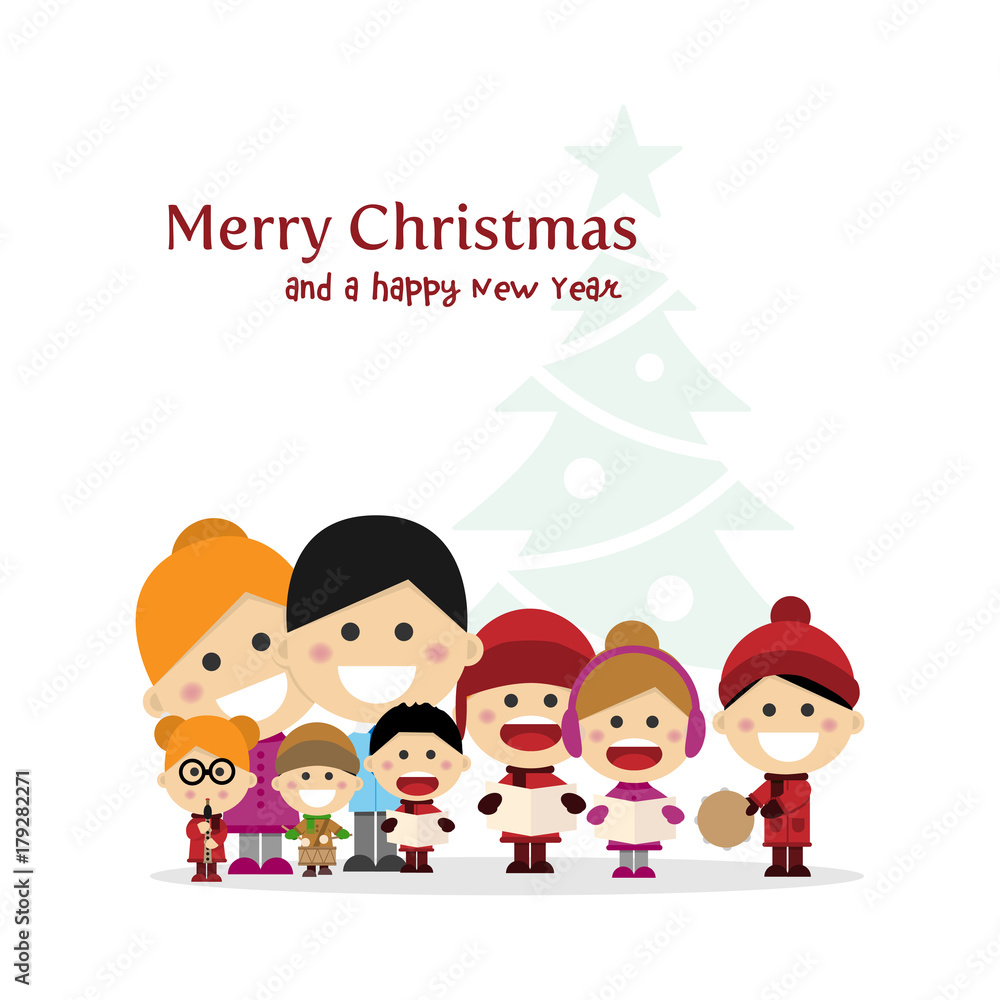 Cute family singing carols at Christmas Night with tree background Cute family singing carols at Christmas Night with tree background