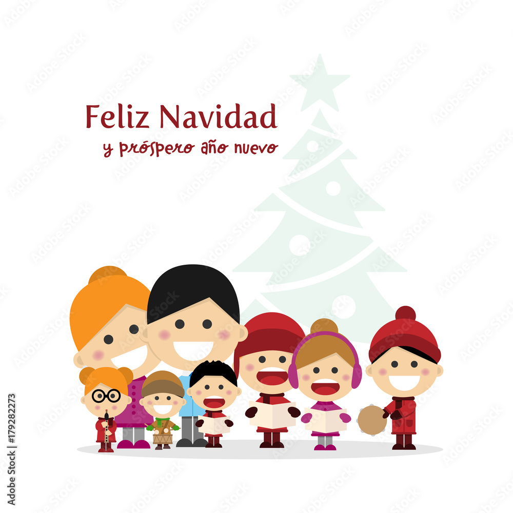 Cute family singing carols at Christmas Night with tree background. Spanish title Cute family singing carols at Christmas Night with tree background. Spanish title