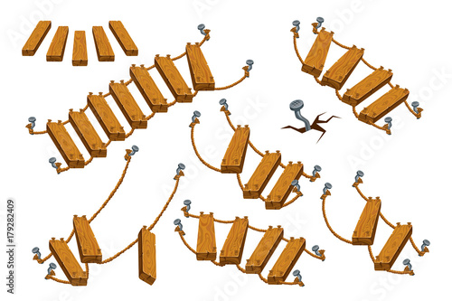 Wooden ladder and rope on a white background. Elements for a mobile game. Isometric.