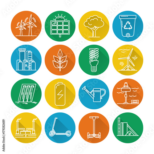 Set of energy and ecology line icons with long shadow