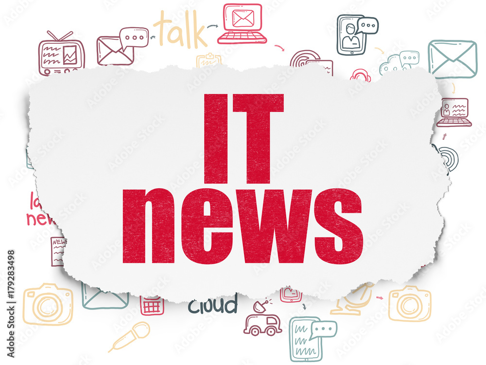 Fototapeta premium News concept: Painted red text IT News on Torn Paper background with Scheme Of Hand Drawn News Icons