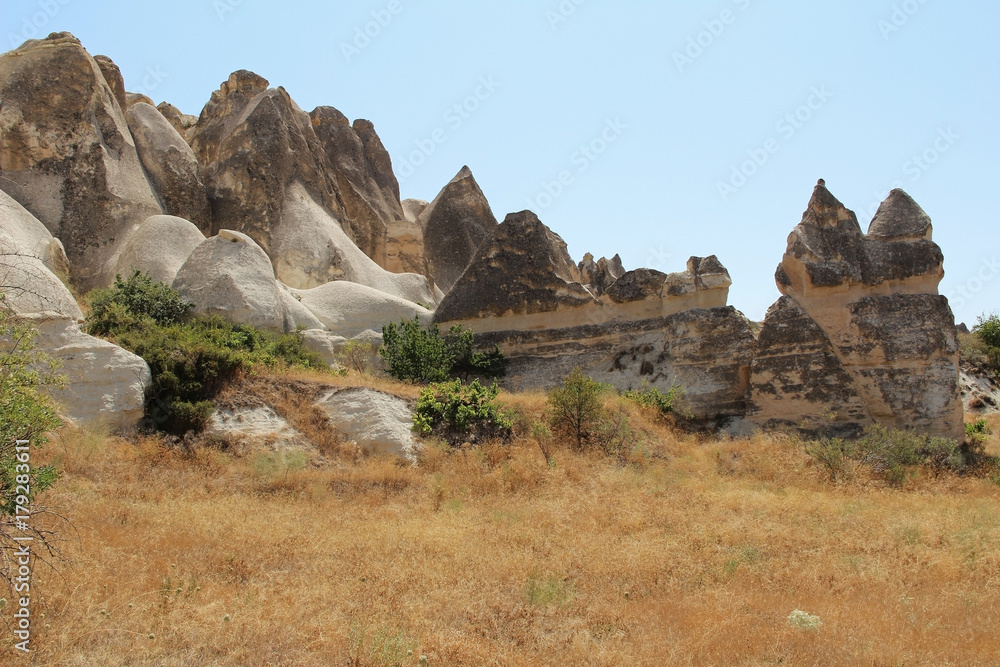 Fototapeta premium Naturalna dolina z kamiennymi skałami tufu wulkanicznego w Goreme w Kapadocji, Turcja.
