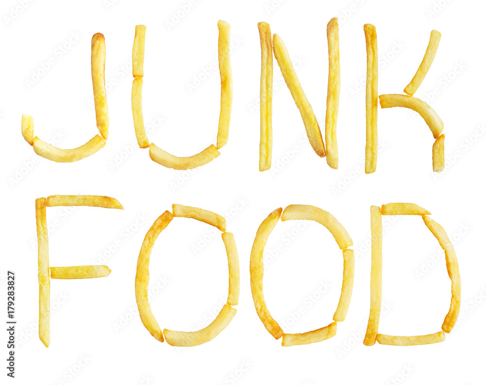 Junk food. Words of French fries isolated on white background Junk food. Words of French fries isolated on white background