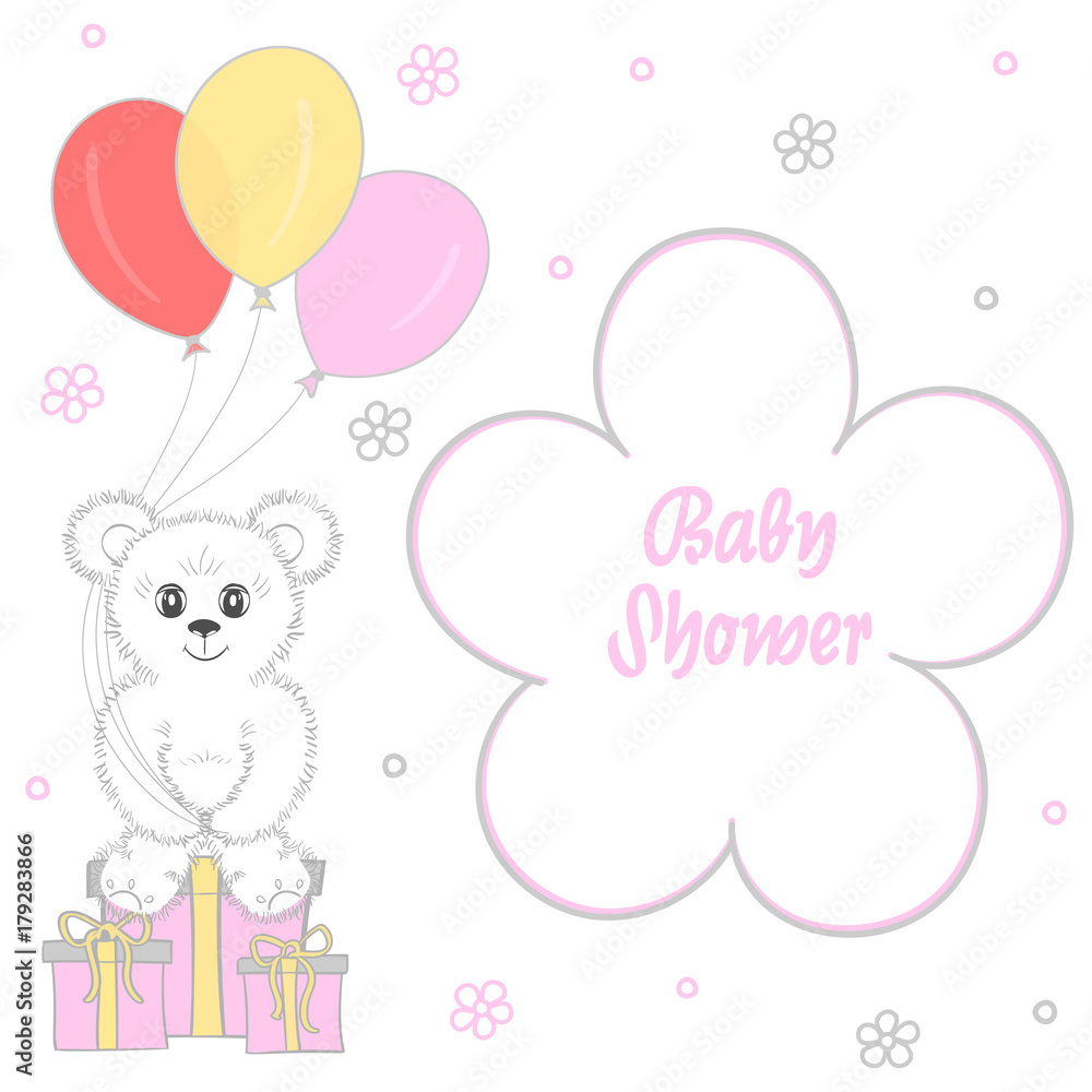 Baby shower girl, invitation card. Place for text.  Greeting cards. Vector illustration. Teddy bear with a gift box, pink background, butterfly,flower.