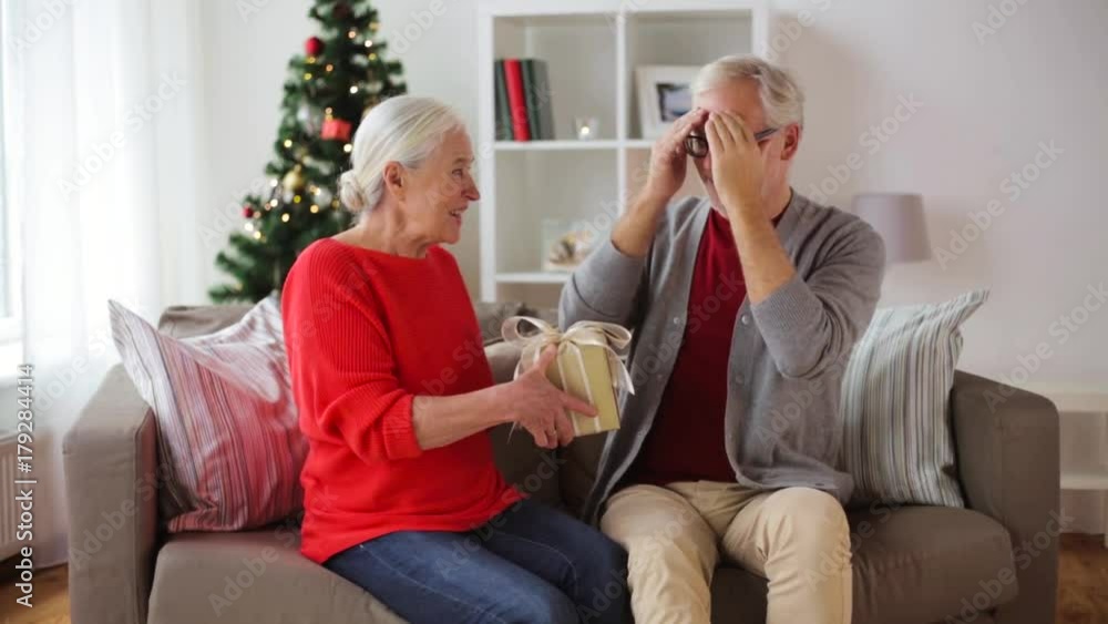happy smiling senior couple with christmas gift happy smiling senior couple with christmas gift