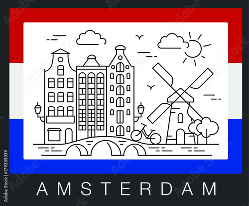 Amsterdam, Netherlands. Vector illustration of city sights