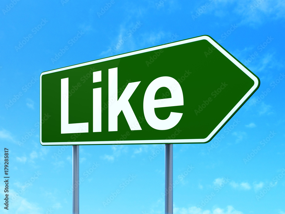 Social media concept: Like on green road highway sign, clear blue sky background, 3D rendering Social media concept: Like on green road highway sign, clear blue sky background, 3D rendering