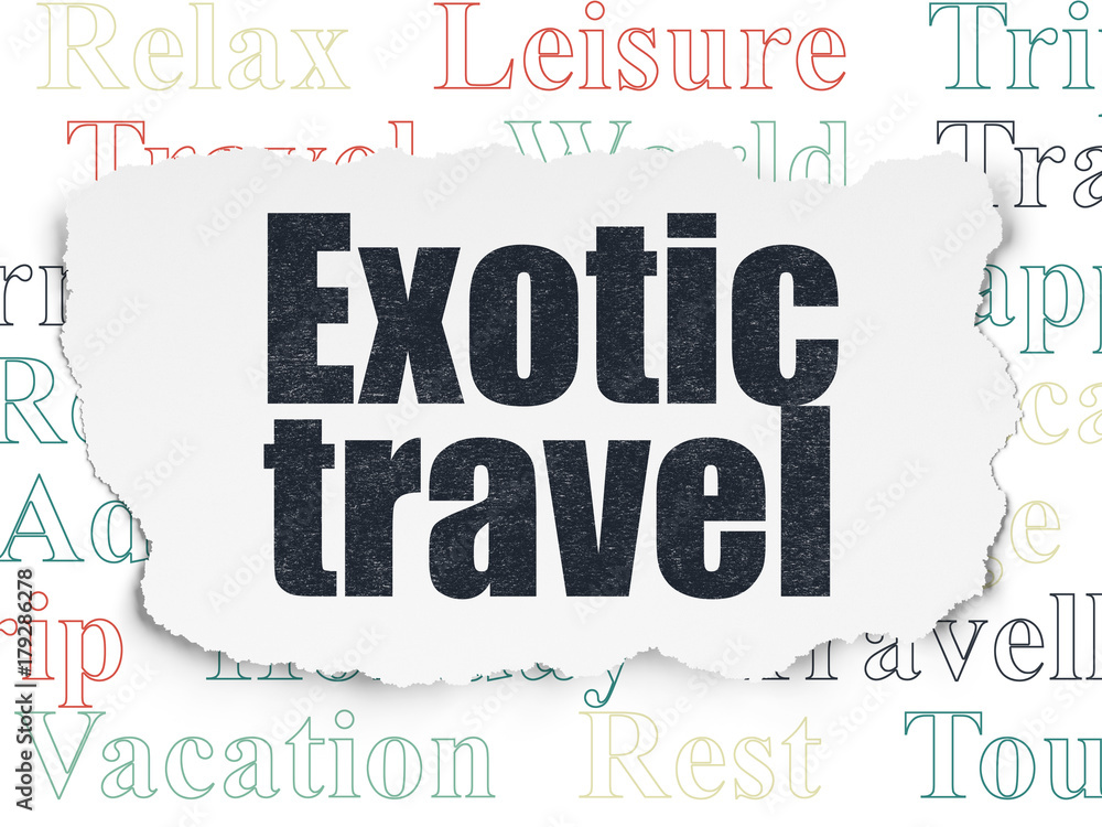Fototapeta premium Tourism concept: Painted black text Exotic Travel on Torn Paper background with Tag Cloud