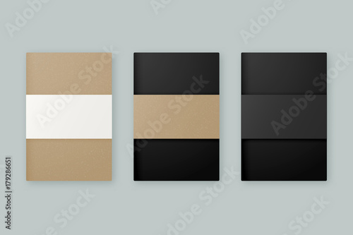 Notebook vector mockup set. Brown kraft paper and black notebook magazine templates with paperback cover and dust jacket wrapper with copyspace