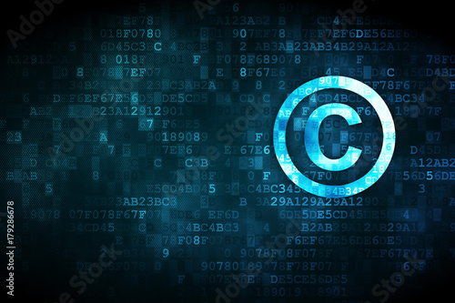 Law concept: pixelated Copyright icon on digital background, empty copyspace for card, text, advertising photo