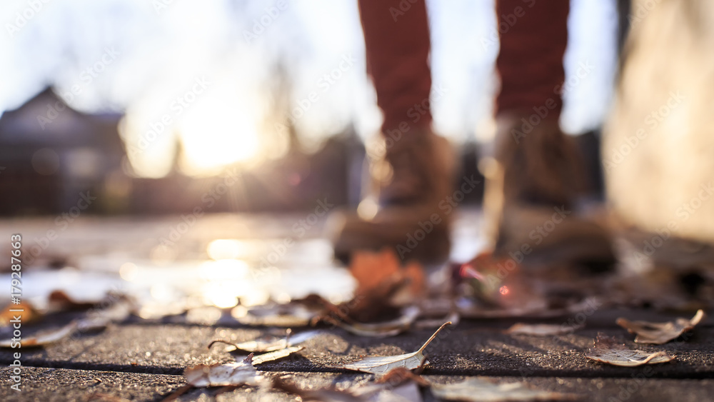 Fallen dry leaves lie on a stone pavement in the sun, on a blurred background of frozen puddles, legs and wooden houses. Fallen dry leaves lie on a stone pavement in the sun, on a blurred background of frozen puddles, legs and wooden houses.