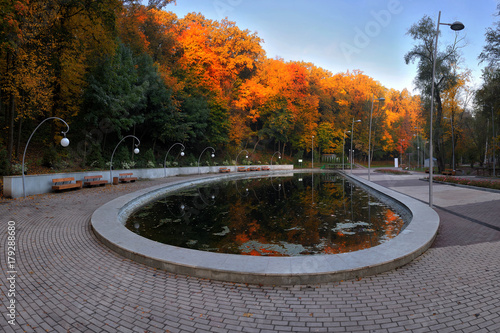 Beautiful pond in the park on a background of autumn trees. A modern pond on a background of yellow leaves at dawn.