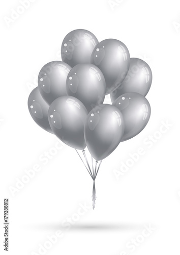 Silver balloons bunch on white background. Vector illustration.