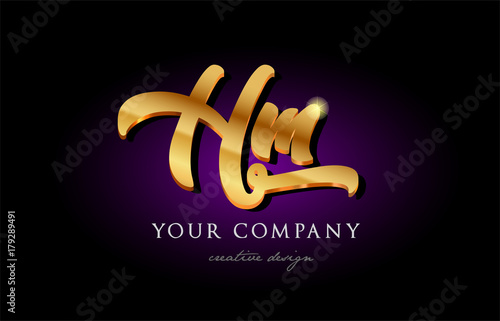  hm  h m 3d gold golden alphabet letter metal logo icon design handwritten typography