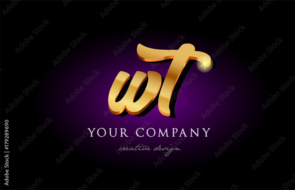 wt w t 3d gold golden alphabet letter metal logo icon design ...