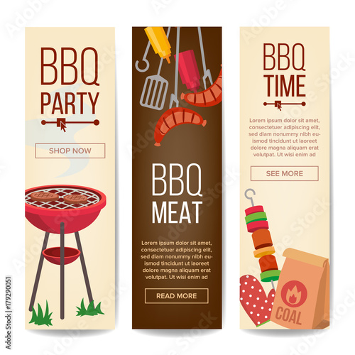 BBQ Vertical Promotion Banners Vector. Barbecue, Charcoal, Hamburgers. Isolated Illustration