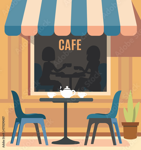 Summer cafe and table with chairs.
