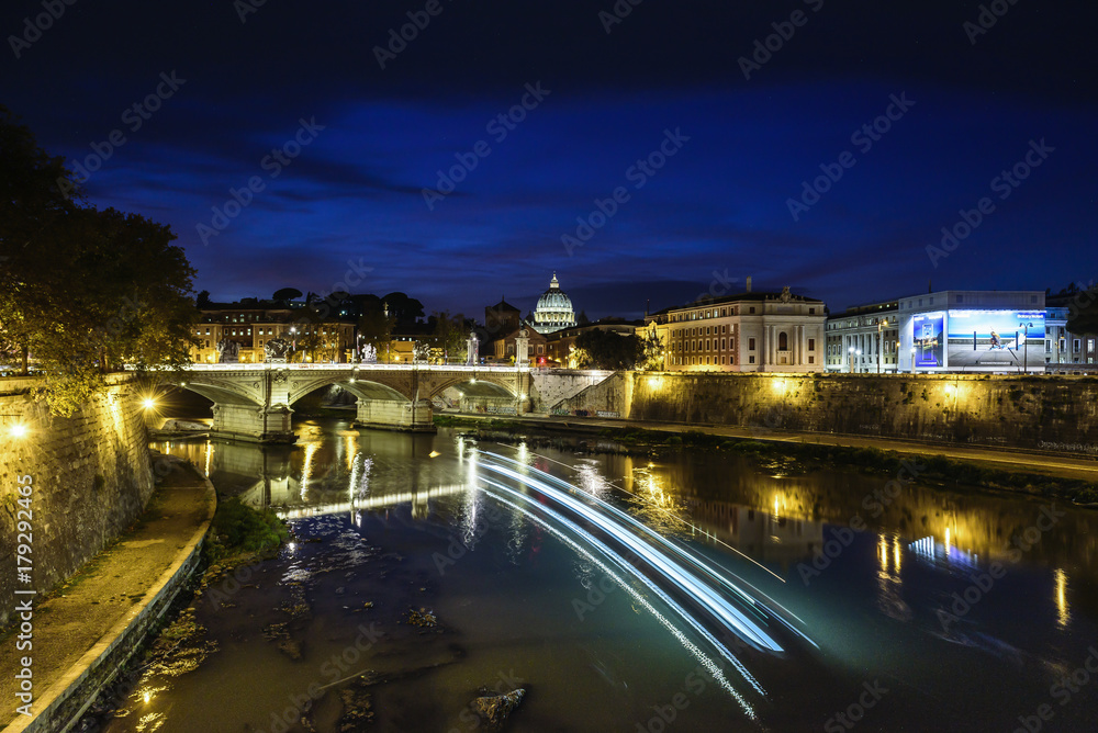 River, Tevere, San Peters, Landscape, Sunset, Ora blu, Cupola, Rome, Lazio, Italy, Europe