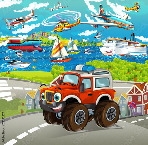 cartoon funny looking off road car driving through the city and smiling - illustration for children