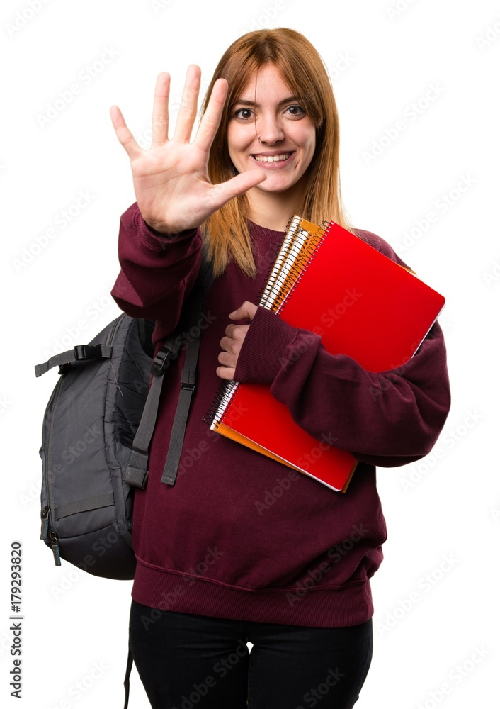 Student woman counting five Student woman counting five
