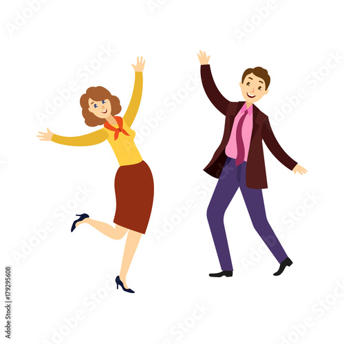 Happy young man and woman, businessman and businesswoman dancing at corporate party in office, flat cartoon vector illustration isolated on white background. Cartoon people dancing at corporate party
