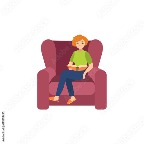vector flat girl reading book. Beautiful adult woman in casual clothing sitting at armchair holding book at home or library. Isolated illustration, white background